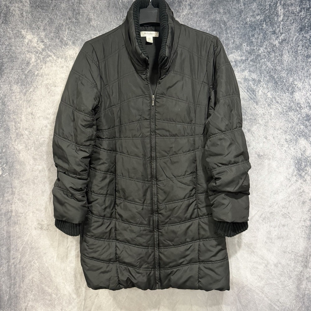 Motherhood Maternity Women’s Medium Black Quilted Puffer Coat Long Zip Front